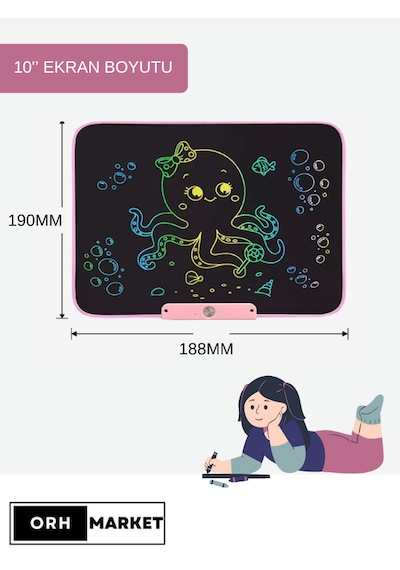 Pembe 10 İnç LCD Çizim Tableti – Şarjlı, Dijital Kalemli, USB Kablolu, Renkli Ekranlı Yazı Tableti