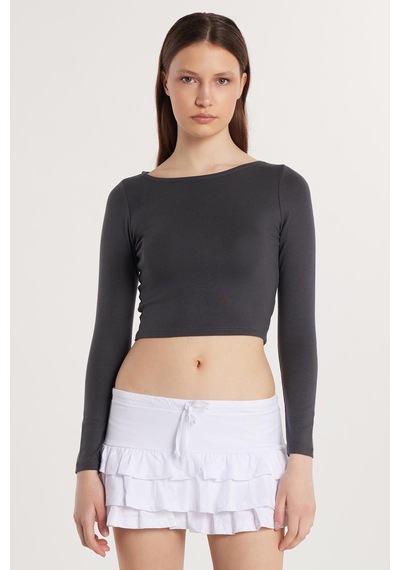 Tudors Kadın Slim Fit Dar Kesim Modal Kumaş Uzun Kollu Bisiklet Yaka Antrasit Bluz-33729 Antrasit