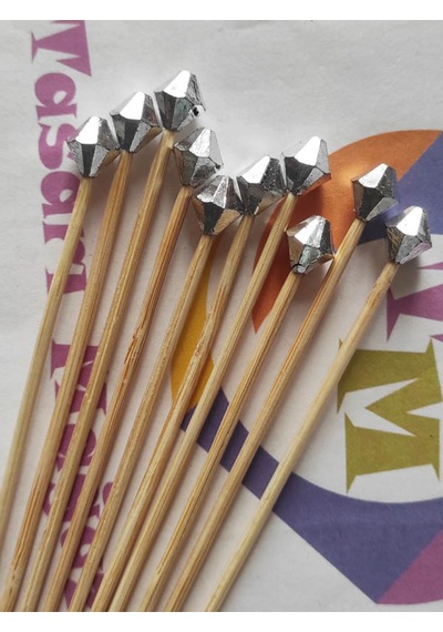 15 Cm Uzun Kürdan - 30 Adet Gümüş Piramit Boncuklu Kokteyl Karıştırıcı - Pasta Kürdanı