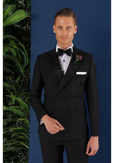 Efor Black 071slim Fit Çıkarılabilir Saten Yaka Kruvaze Siyah Damatlık Smokin Takım Siyah