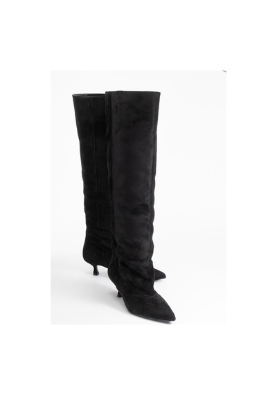 Luvishoes Luvi Shoes Zach Siyah Süet Diz Üstü Kadın Kısa Topuklu Çizme Siyah Süet