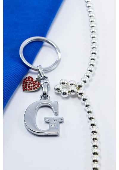 Kırmızı Parlak Kalpli Gümüş Renkli Metal G Harfi Anahtarlık /mini