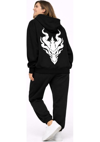 Nevermınd Unisex Ejderha Baskılı Beyaz Sevgili Kombini Oversize Hoodie Seti Siyah Siyah