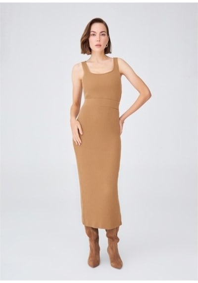 Peraluna Krop Fit Kadın Triko Atlet Camel Camel