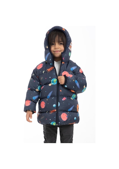 Erkek Çocuk Polarlı Kapüşonlu Gezegen Yıldız Desenli Kışlık Şişme Mont & Kaban & Parka-29 Lacivert