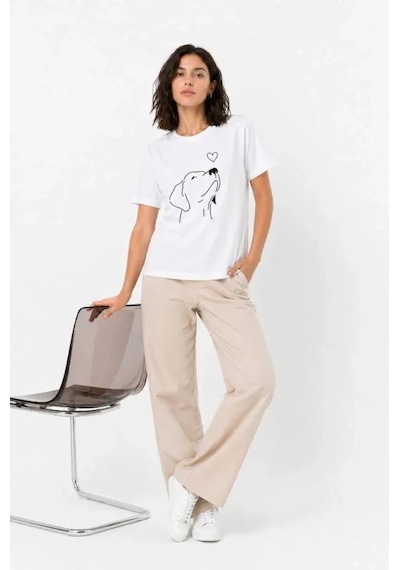 Defymoda Köpek Figürlü Minimal Baskılı Tişört Kısa Kol Yazlık T-shirt - Beyaz