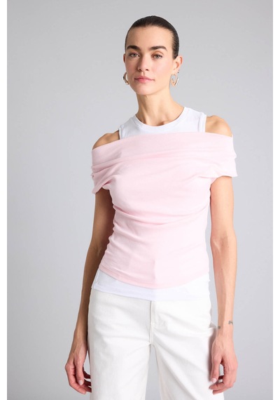 Defacto Slim Fit Çift Katmanlı Ribana Pembe Kadın T-shirt G9546ax/pn186