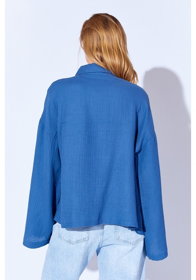 Manche İndigo Kolları Salaş Yıkamalı Müslin Oversize Rahat Kalıp Kadın Basic Gömlek Mks166881-01 Manche İndigo Kolları Salaş Yıkamalı Müslin Oversize Rahat Kalıp Kadın Basic Gömlek Mks166881-01