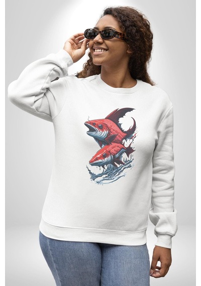 Kırmızı Japon Balığı Unisex Beyaz Baskılı Sweatshirt Beyaz