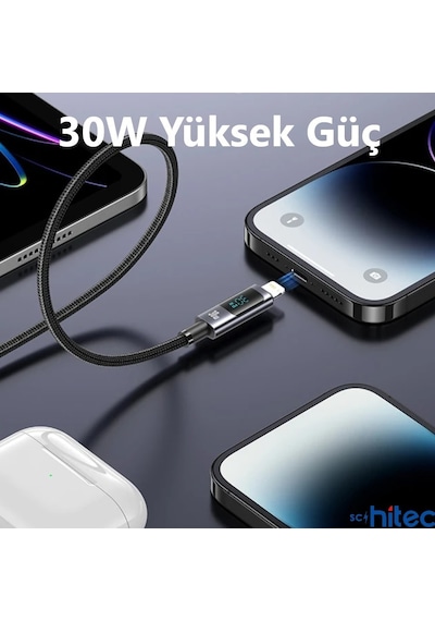 Schitec K189 PD30W Dijital Göstergeli Örgülü Hızlı Şarj Kablosu Siyah
