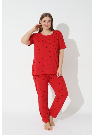 Siyah İnci Büyük Beden Battal Örme Pijama Takım 7614 Kırmızı