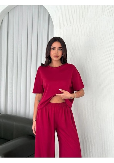 Freedom Storee Kadın Osy Modal Yumuşak Dokulu Kumaş Bisiklet Yaka T-shirt Bol Paça Pantolon İkili Takım -bordo Çok Renkli