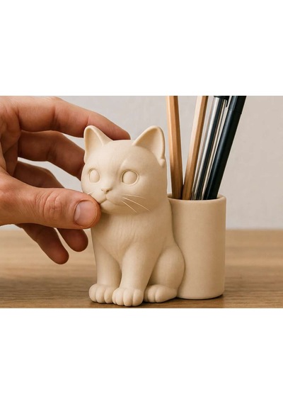 3d Baskı Kedi Figürlü Kalemlik - Masaüstü Organizer - Bej Diğer