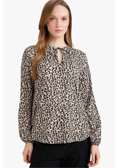 Defacto Regular Fit Bisiklet Yaka Leopar Desenli Uzun Kollu Bluz N1809az26sper103 Ekru-er103