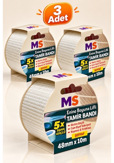 3 Adet Enine Boyuna Lifli Şeffaf Tamir Bandı 48mm X 10 Metre 5 Kat Daha Güçlü Metal Plastik Bantı
