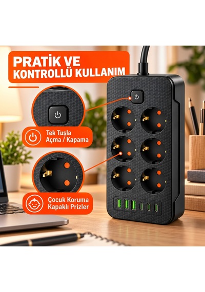 2500w 6'lı Grup Priz 6 Usb Girişli 3 Type-c + 3 Usb-a Açma Kapama Anahtarlı Çoklu Priz Çoğaltıcı