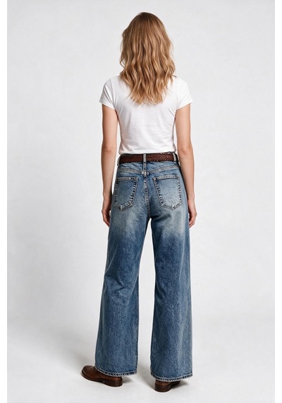 Marsel&leon Marsel Leon Kadın Yüksek Bel Geniş Paça Baggy Jean Pantolon Denim Kumaş Mavi