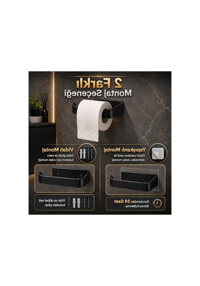 Banyo Tuvalet Kağıtlığı, Mat Siyah Renk, Yapışkanlı Ve Vidalı Montaj 16.5 x 12.2 x 11.2 CM