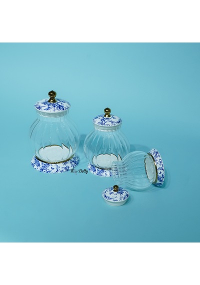 Blue Life 3'lü Cam Porselen Çay Şeker Kavanozu Çok renkli