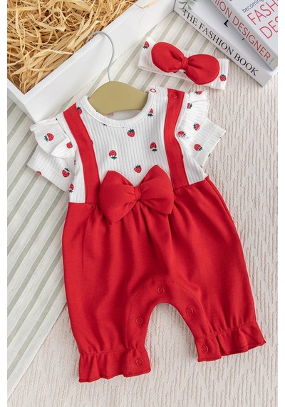 Babymod Pamuklu Kız Bebek Yazlık Tulum Takım Set Bandanalı Fiyonklu Kırmızı