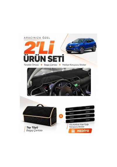 E-biz Renault Kadjar 2015-2022 Uyumlu Torpido Örtüsü + Tay Tüyü Bagaj Çantası - Siyah-bej - Re024