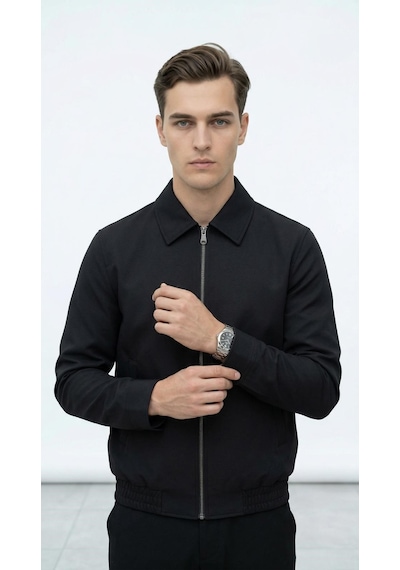 Plus Scorpion Erkek Slim Fit Bomber Fermuarlı Mont Ceket Esnek Kumaş Günlük Şık Casual Ceket Siyah