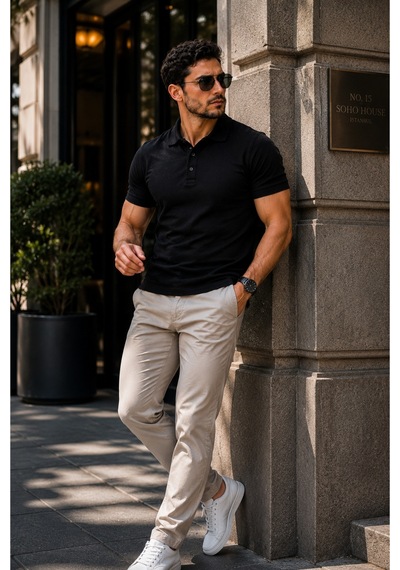 Luxıc Core Erkek Polo Yaka Siyah Tişört Likralı Pike Kumaş Terletmez Slim Fit Günlük Şık Tasarım