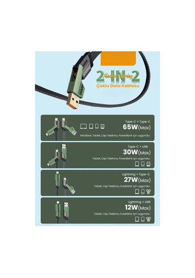 Pdateknoloji 2 İn 2 65w Usb Type-c Ve Lighting İle Uyumlu Örgülü