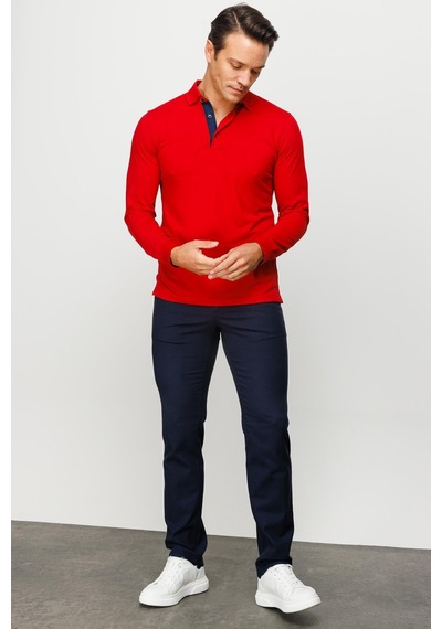 Desen Triko Erkek Polo Yaka Uzun Kollu Sweatshirt Kırmızı Kırmızı
