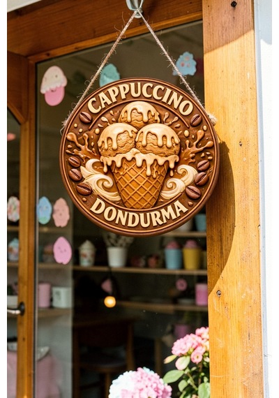 Cappucino Dondurma Görselli Ahşap İpli Kapı Duvar Süsü Modern Cafe Duvar Pano