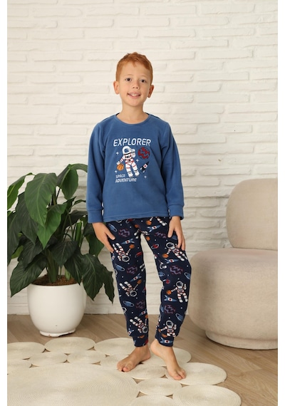 Yeni Stil Sonbahar/kış Erkek Çocuk Uzay Figür Astronot Desen Polar Pijama Takımı 4565 Mavi