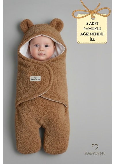 Babyden's 0-12 Ay Welsoft Peluş Bebek Dış Kundak - Uyku Tulumu Ayıcık Kulaklı İçi %100 Pamuk Astarlı Battaniye Kahverengi