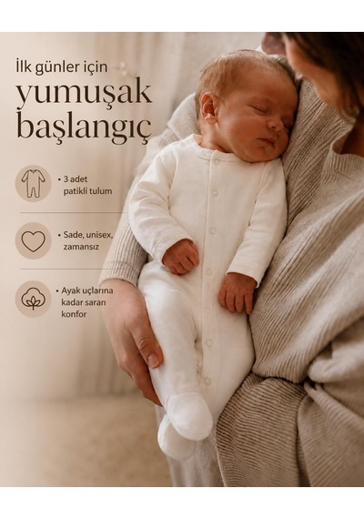 3'lü Yenidoğan Bebek Tulumu, 0-3 Ay Unisex Ekru Organik Pamuk Tulum Seti Bej - Çok Renkli