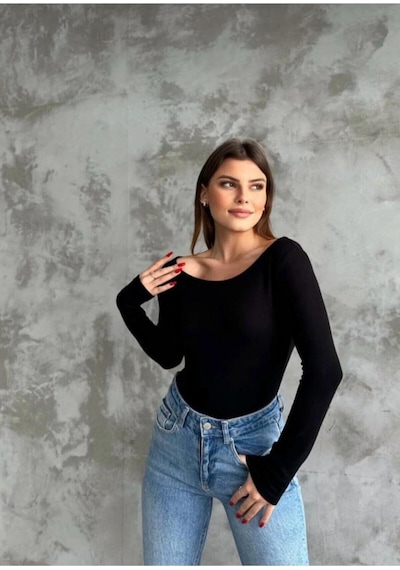 Kadın Kayık Yaka Uzun Kollu Basic Bluz SIYAH