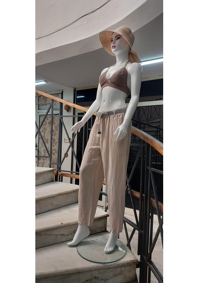 Eren Style İtalyan Kemerli Keten Pantolon-9260 Krem
