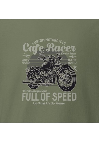 Wildstyle Cafe Racer Full Of Speed Motosiklet Vintage Hız Baskılı Unisex Bisiklet Yaka Pamuklu Tişört - Haki