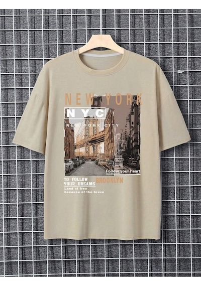 T-shirt - Nyc Baskılı Oversize Bisiklet Yaka Kısa Kol Tişört Bej