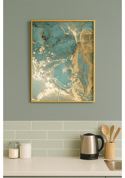 Yeşil Rüya Green Abstract Modern Tablo - Gerçek Cama Baskı Gold Alüminyum Metal Çerçeveli