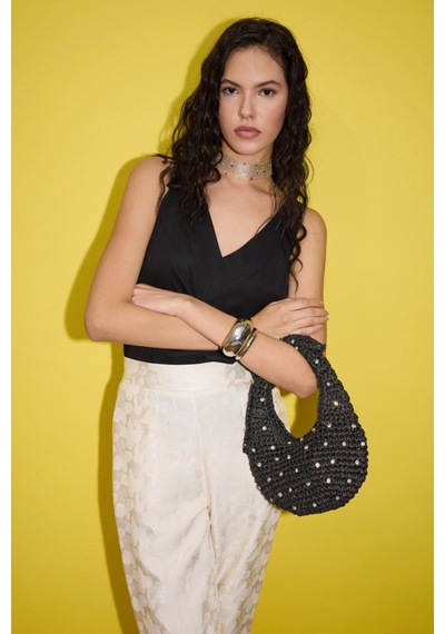 Matthew Cox Taşlı Portföy Clutch Fermuarlı Astarlı Örgü Hasır Yazlık Tatil El Çantası Camel