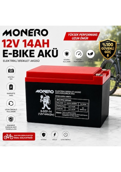 Monero 12v-14 Amper Yatık E-bıke Akü- Yeni Tarihli Ebatlar: 150x101x99mm