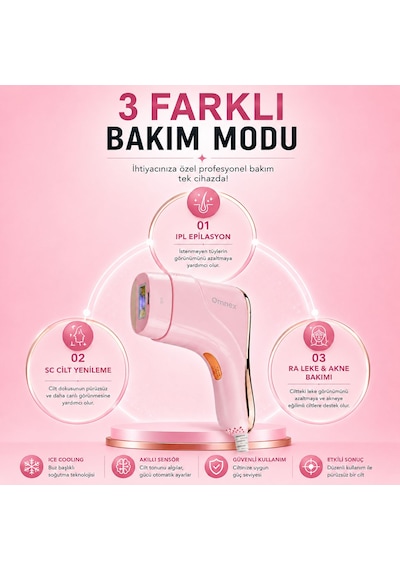 Omnex EliteGlow IPL Lazer Epilasyon Cihazı Buz Başlıklı 10 Kademe Enerji Sınırsız Atım