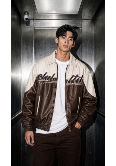 Oksit Club Ltd Nakış Detaylı Vintage Colorblock Gömlek Yaka Deri Bomber Ceket Kahve