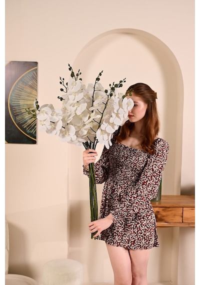 Beyaz Yapay Orkide Çiçeği Tek Dal Premium Canlı Islak Dokulu 98 Cm
