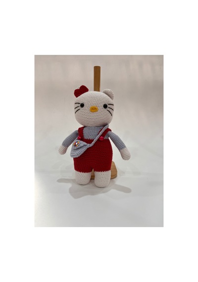 El Yapımı Amigurumi Kedi Örgü Oyuncak Bebek Tığ İşi 24 Cm Sevimli Hediye Kırmızı
