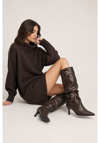 Luvi Shoes Marcella Kahverengi Kemerli Kadın İnce Topuklu Çizme