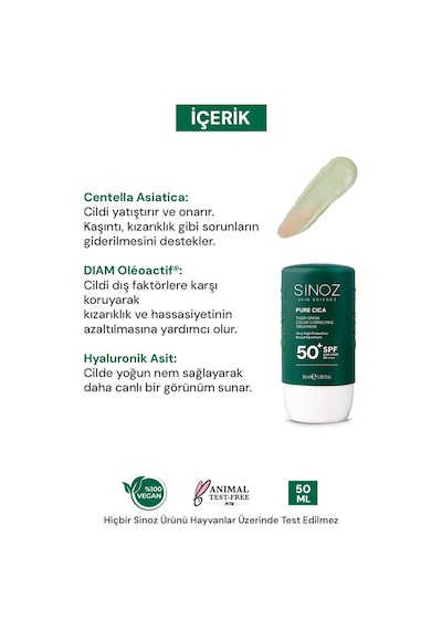 Sinoz Pure Cica Tiger Grass Anında Ton Eşitleyici Onarıcı ve Nemlendirici Sıvı Yüz Güneş Kremi SPF50+ PA++++ 50 ML