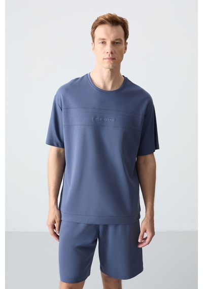 Petrol Pamuklu Kalın Yumuşak Dokulu Oversize Fit Basic Erkek Şort Takım - 85257