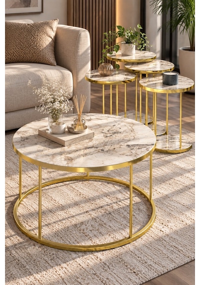 Sulorahome Efes Beyaz Mermer Desenli Gold Metal Ayaklı 4'lü Sehpa Seti Tablalar Beyaz Mermer / Ayaklar Gold