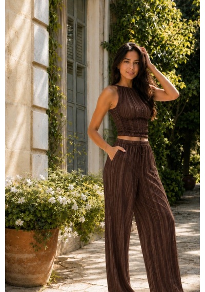 Unika Boutique Crop Pantolon Takım Kadın Şık Yazlık Fitilli kahverengi