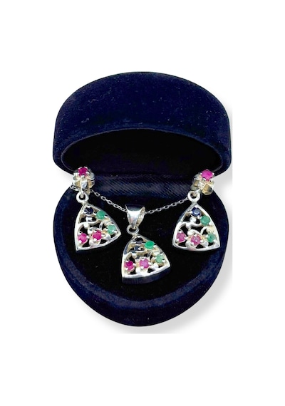 Oya Silver Yakut Zümrüt Işıltılı Gümüş Set&takım